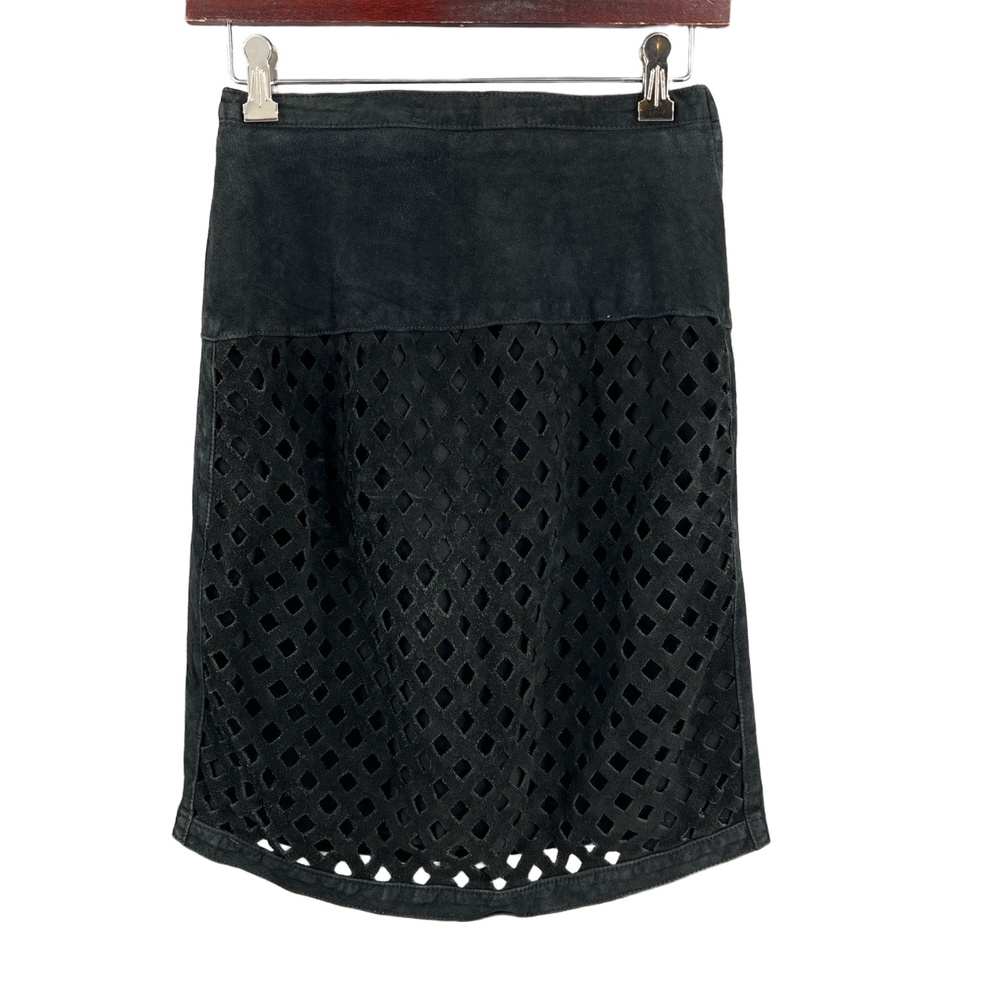 Melanzana Skirt Black Suede Laser‎ Cut Design Soft Leather USA Made Size 6